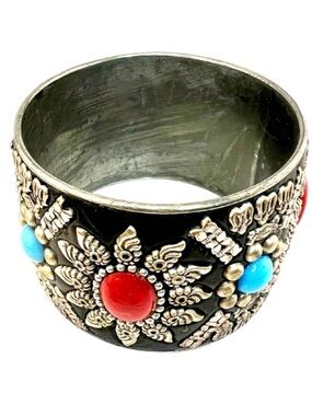 Vintage-Bohemian Statement Bangle with Black, Red and Turquoise Accents